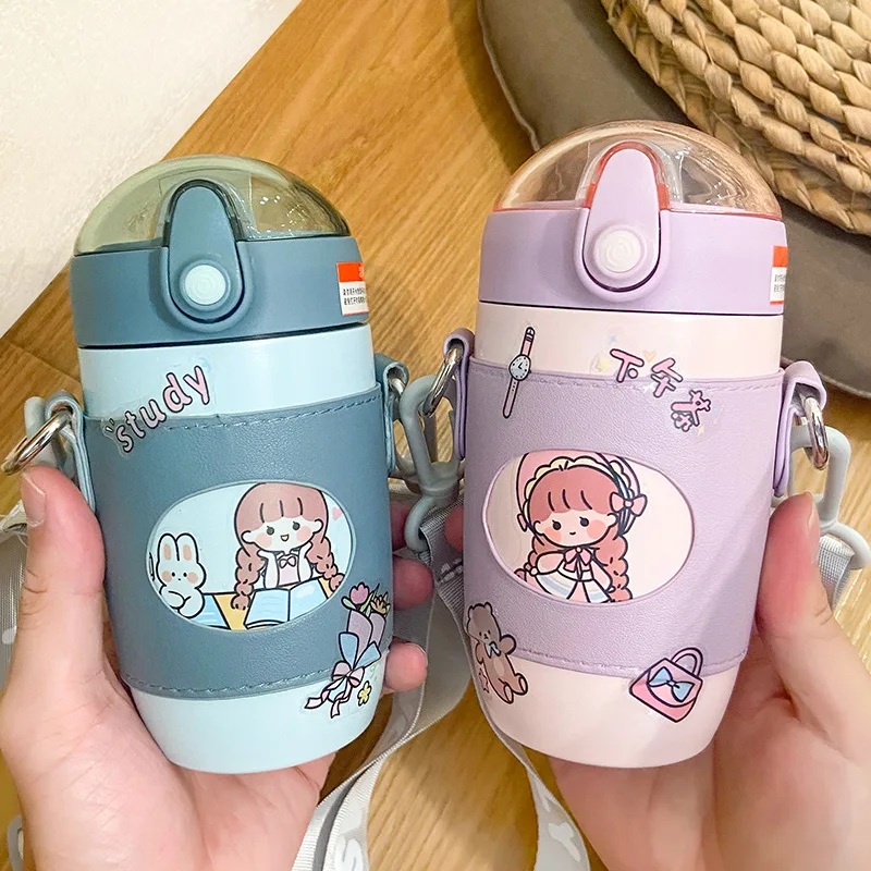 

New Cartoon Cute Thermos Cup Student Thermos 316 Stainless Steel garafa bottle Portable Cup Set Strap botella de agua термопот