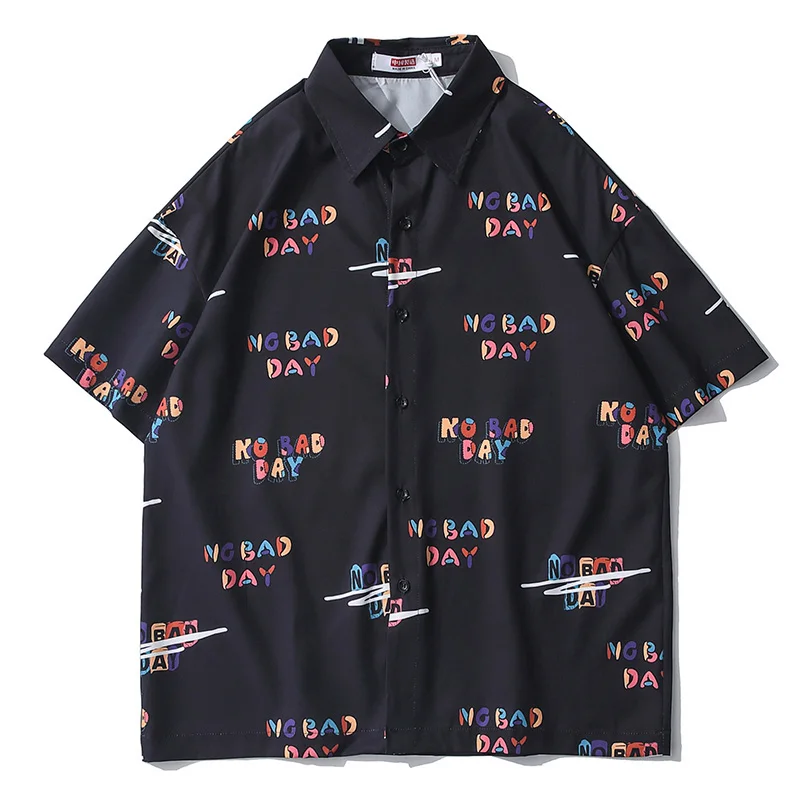 2021 Mens Shirts No Bad Day Letter Print Fashion Button Down Shortsleeve Shirt For Men Streetwear Hawaiian Beach Harajuku Tops