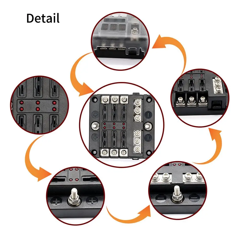 

Universal DC 12-32V Truck Motorhome Coach Boat Bus Bar Power Distribution Block Double Busbars 6-way12-way Fuse Box With LED Lig
