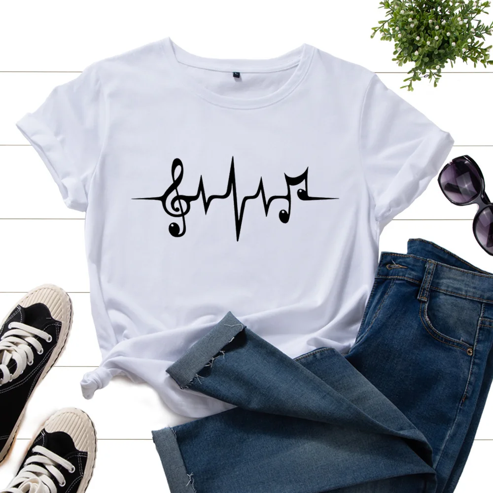

Summer Cotton T Shirt for Women Music Note Graphic Tees Novelty Shirts Oversized Short Sleeve Tees Tops for Music Lover