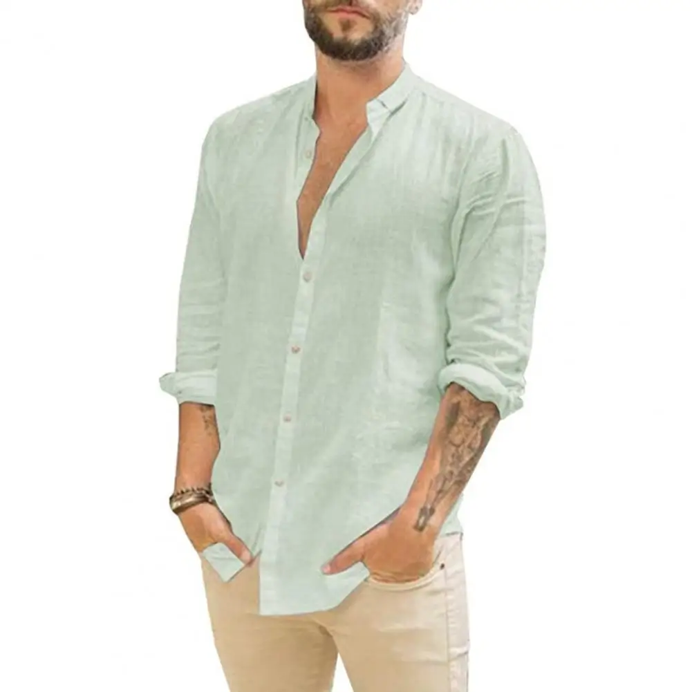 

Men Shirt High Street T-shirt Top Tees Solid Color Buttons T Shirt Autumn Stand Collar Long Sleeve T-shirt All Match Shirt Tees