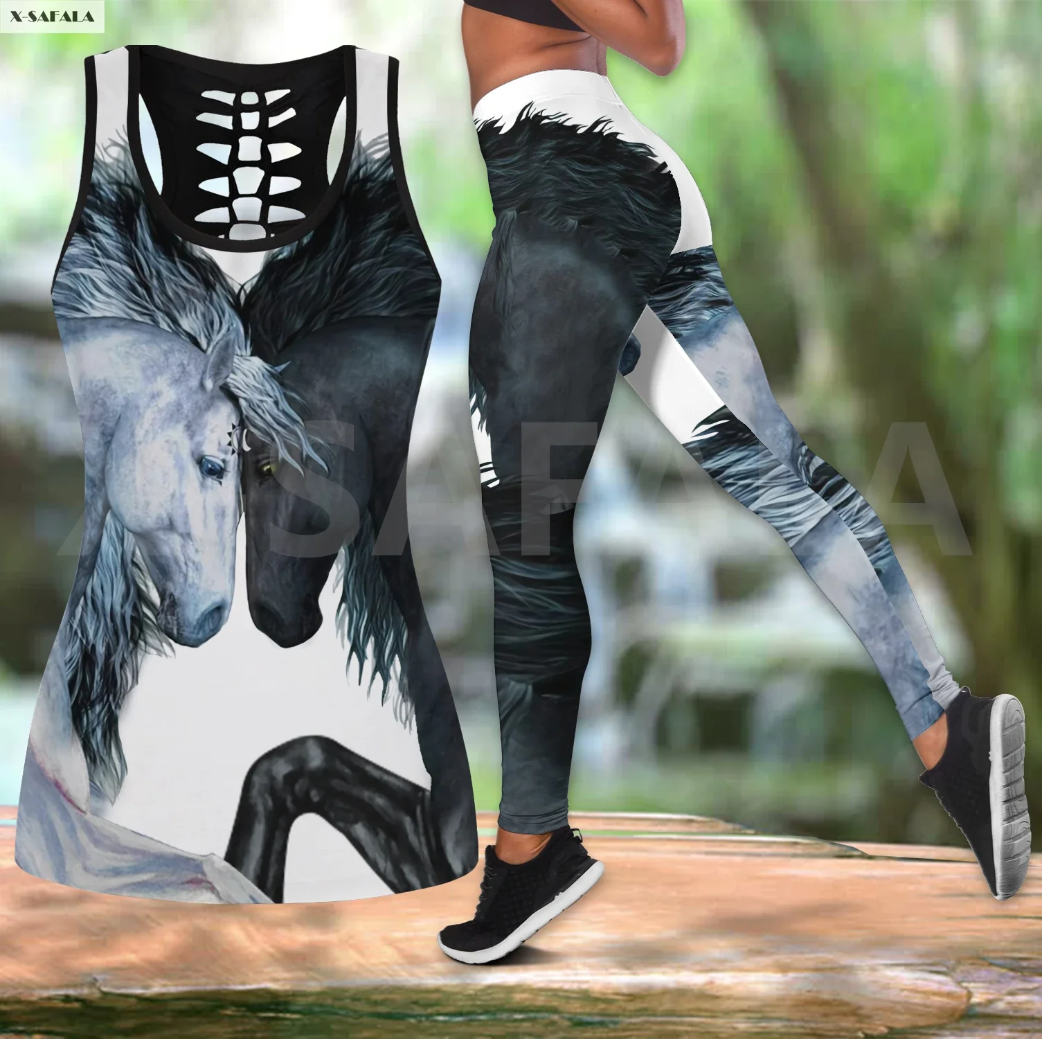 

Love Horse Two Piece Yoga Set Women 3D Print Vest Hollow Out Tank Top High Waist Legging Summer Casual Sport