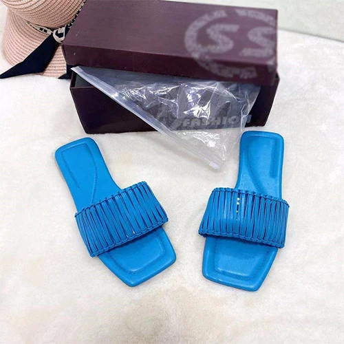 

Women Square Toe Slippers Woman Weave Solid Flats 2021 New Female Sewing Open Toe Casual Female Summer Beach Slides Plus Size