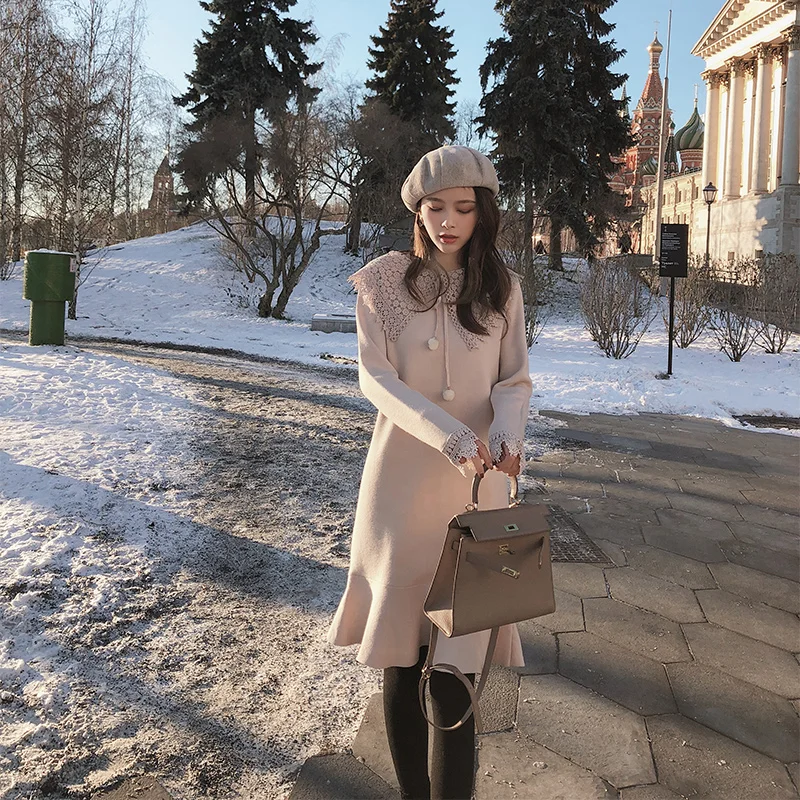 Mishow Осенне Зимнее милое женское платье с длинными руковами и кружевным