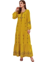 mc2188 fashion womens round neck lace long sleeve solid embroidery stitching pleated muslim high waist swing dress