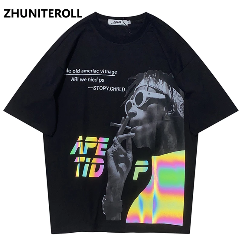

2021 Summer Harajuku T-shirt Men Rainbow Reflective Smoking Print Half Sleeve Fashion Casual Hip Hop Streetwear Tops Clothing