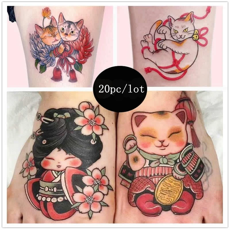 

20pc/Lot Japanese Cat Tattoo Stickers for Boys Girls Children Waterproof Flower Art Fake Tattoo Arm Chest Leg Temporary Tattoo