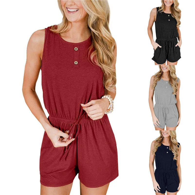

Женский Повседневный Свободный комбинезон, однотонный комбинезон без рукавов с круглым вырезом, летний модный короткий комбинезон