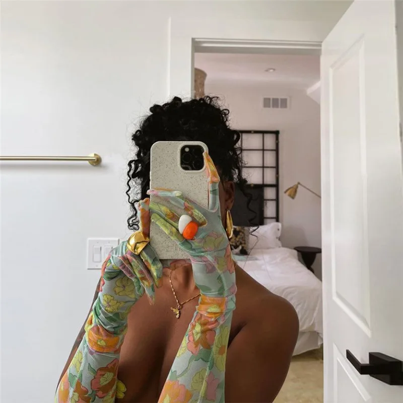 

2021 Newest Arrival Fashionable Women See Through High Waist Long Pants/Deep V-neck Lace-up Bra+Panties/Floral Print Sleeves