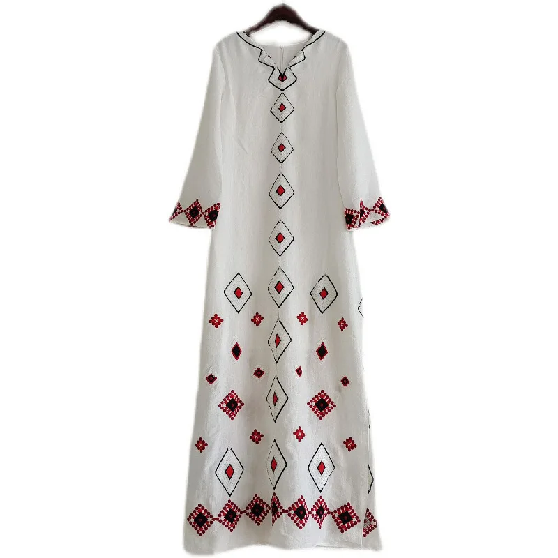 

V-Neck Long Sleeve Sequined Diamond-Shape Cotton And Linen Maxi Dress