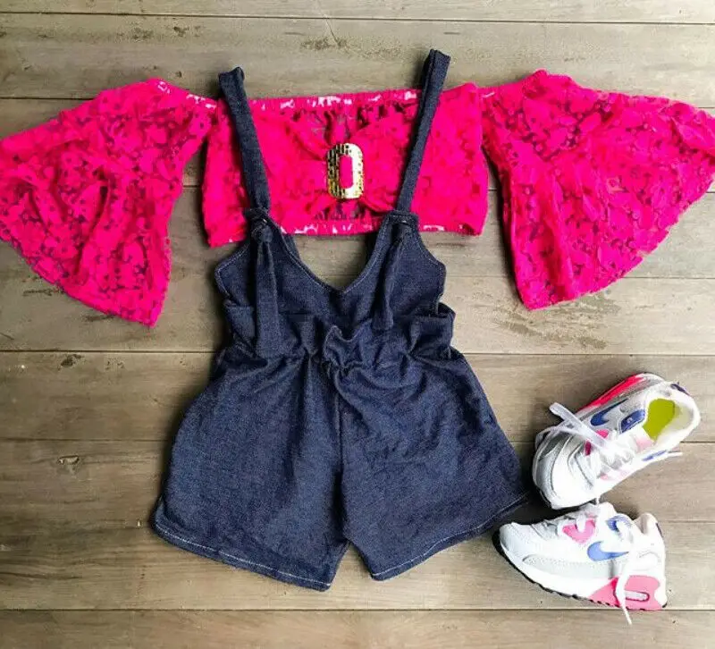 

2PCS Toddler Kids Baby Girl Clothes Floral Lace Top Bib jeans Pants Outfits 1-6Y
