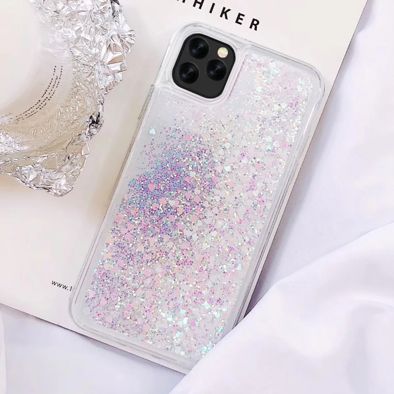 Блестящий чехол для телефона с сердечками для iphone 11 X XR XS MAX, жидкий зыбучий песок, чехол для iphone 5 5S se, 6 S, 6, 7, 8 Plus, Блестящие Блестки