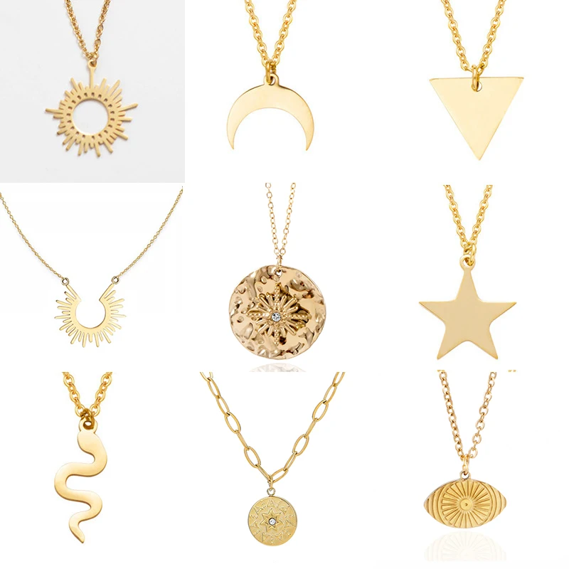 

Exquisite Retro Stainless Steel Necklace Women Fashion Ring Sun Star Geometric Pendant Short Chain Jewelry