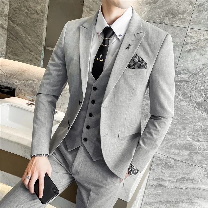 

(Куртки + жилет + брюки) 2021 мужские высококачественные деловые блейзеры из чистого хлопка/Мужской приталенный модный костюм 3 предмета сваде...