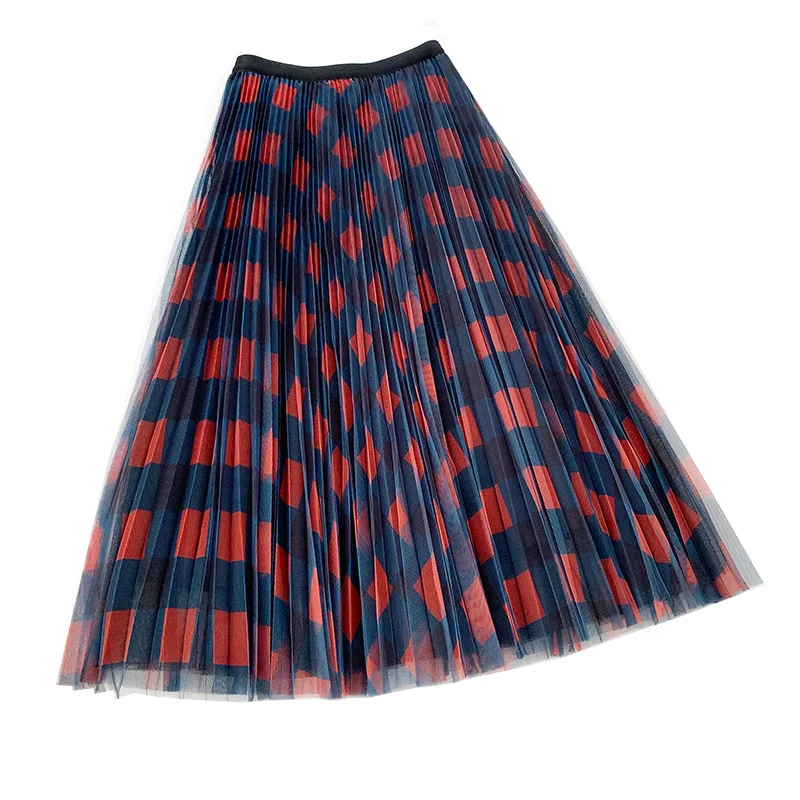 

Spring Plaid Net Gauze Skirt Female Temperament High Waist Drape Long Puffy Skirt