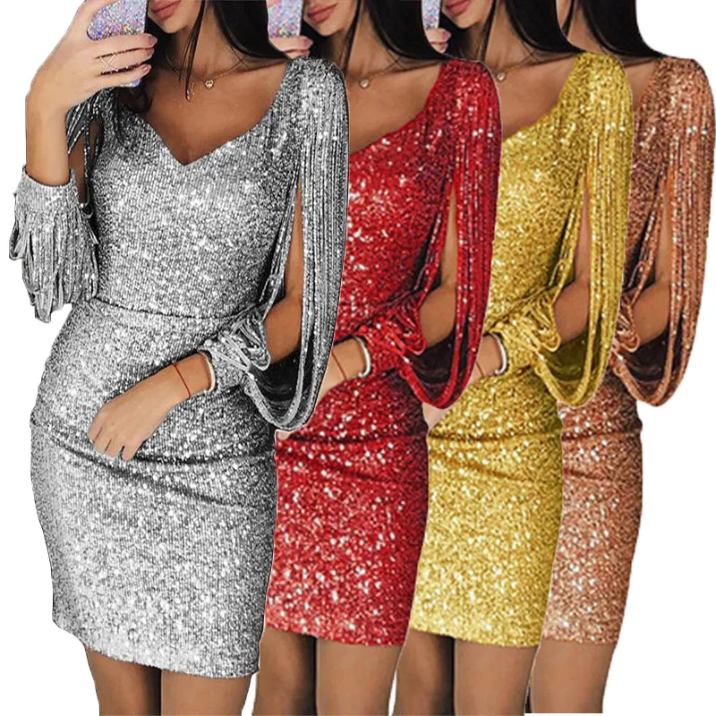 Женское однотонное платье с блестками и V-образным вырезом | Женская одежда