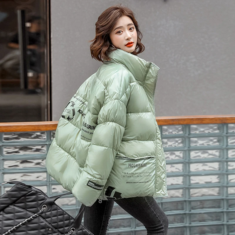 

Korean Style Women's Winter Jacket With Zipper Stand Collar Printing Loose Female Parkas Thick Cotton Padded Women Puffer Coat