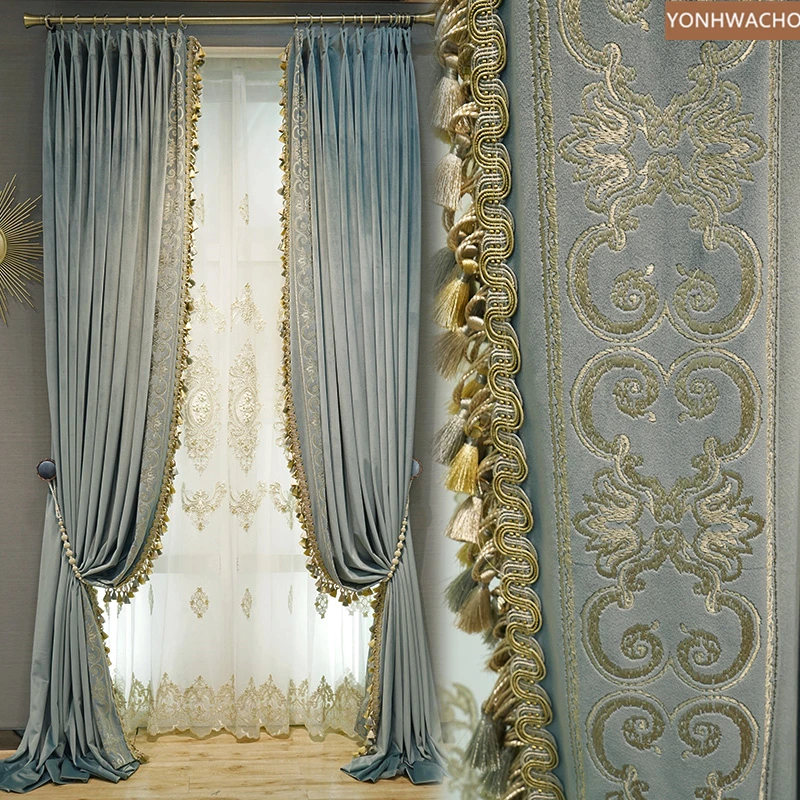 

Custom curtains Neo-classical European blue living room luxury solid embroidered velvet thick cloth curtain tulle panel C315