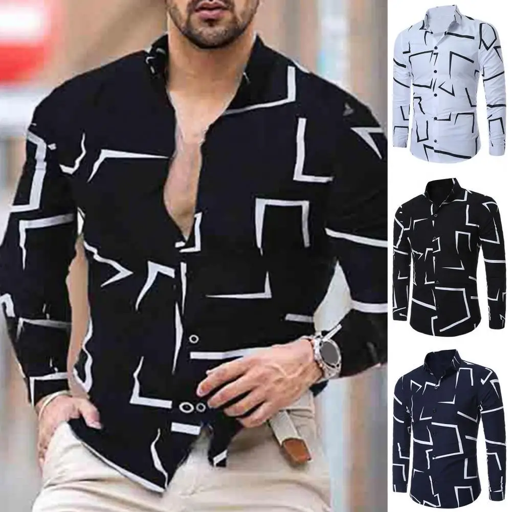 

Autumn Shirt Turn-down Collar Trendy Handsome Geometric Print Men Shirt