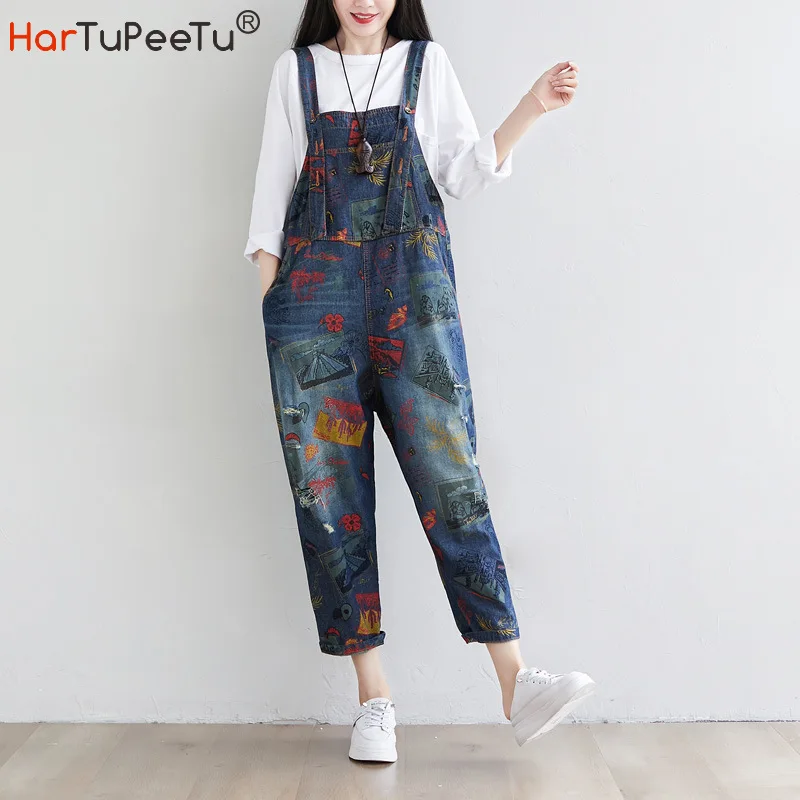 Women Denim Jumpsuit 2022 Autumn Ripped Jeans Overalls with Pockets Print Loose Casual Baggy Pants