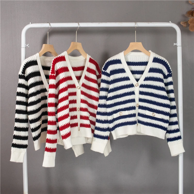 

JMPRS Fashion Women Cardigan Sweater Autumn New Striped Knitted Long Sleeve Loose Jacket Korean High Quality Female Coats