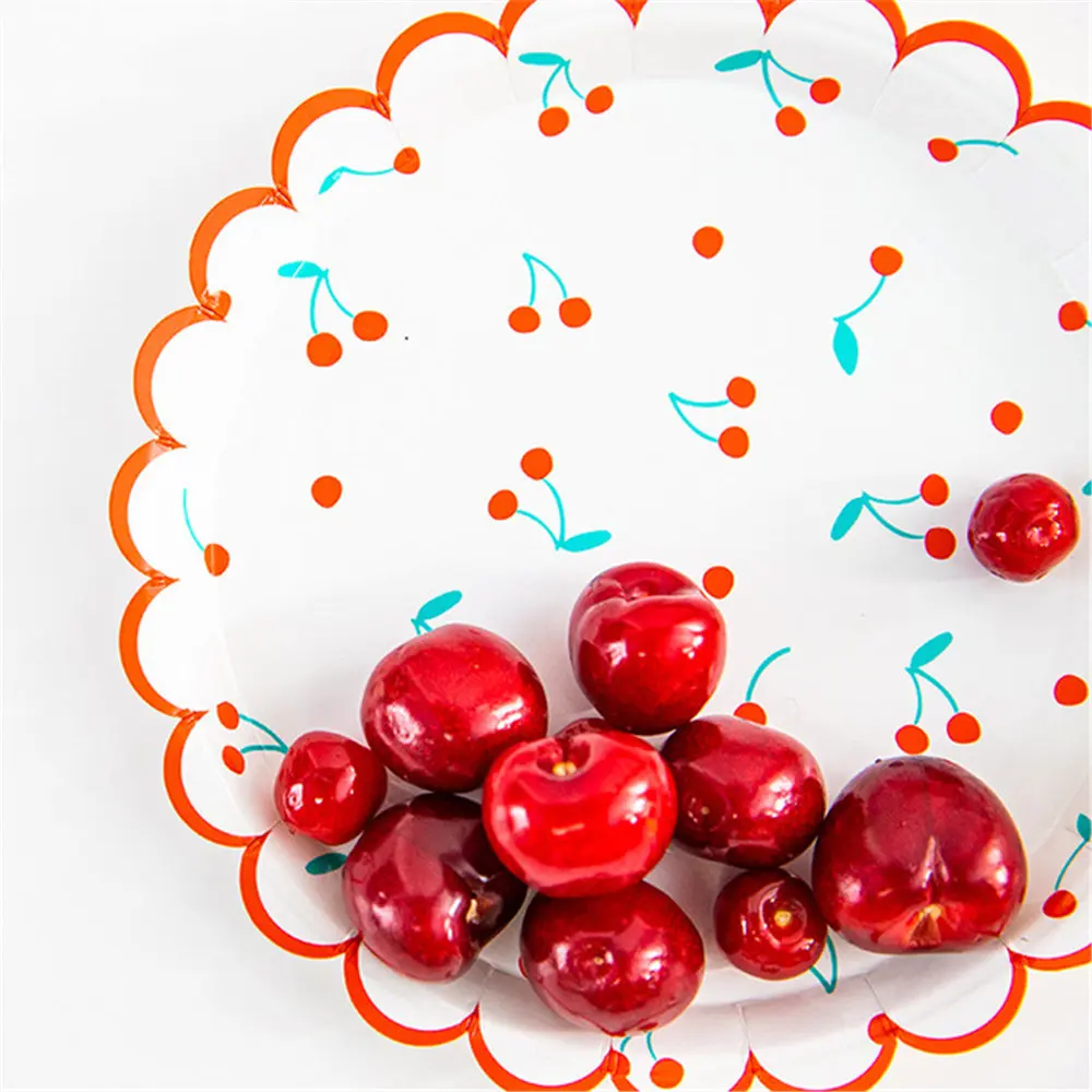 Fruit cherry printed plate lace paper tray family party tableware birthday summer fresh round | Дом и сад