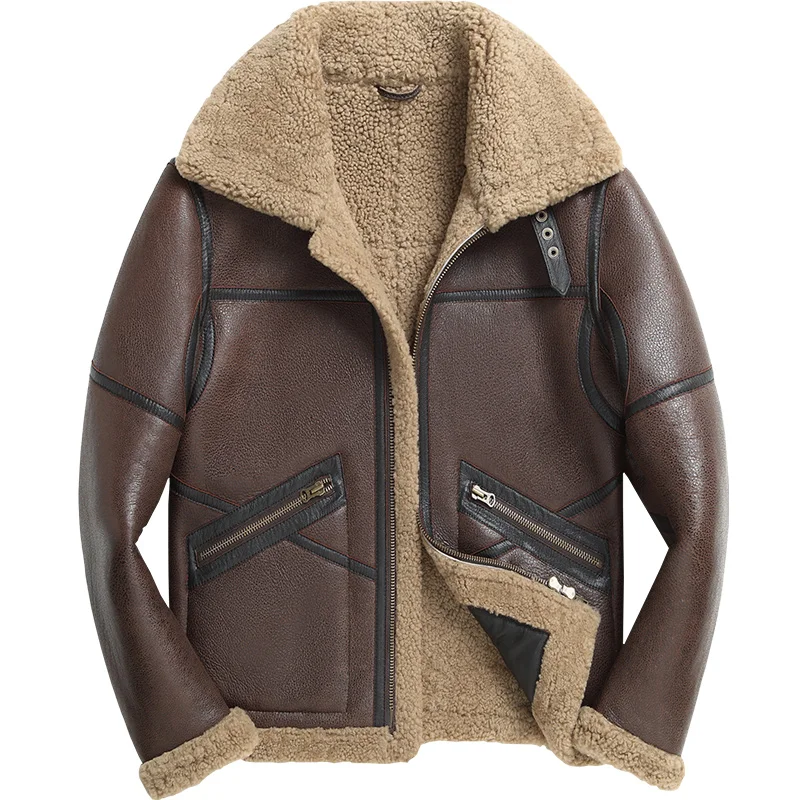 

Genuine Fur one New Men High Quality Shearling Lining Sheepskin Flight Jacket Men's Short Winter Leather Coat