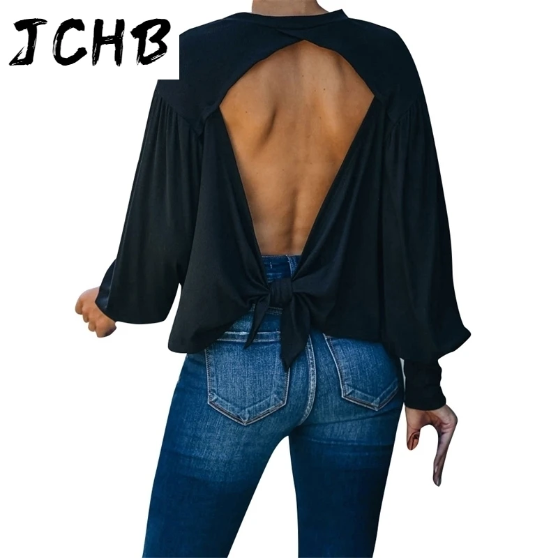 

O Sexy Neck Backless T-shirts Women New Autumn Casual Lantern Long Sleeve Back Hollow Out Bandage Bow Loose Pullover Tops Ladies