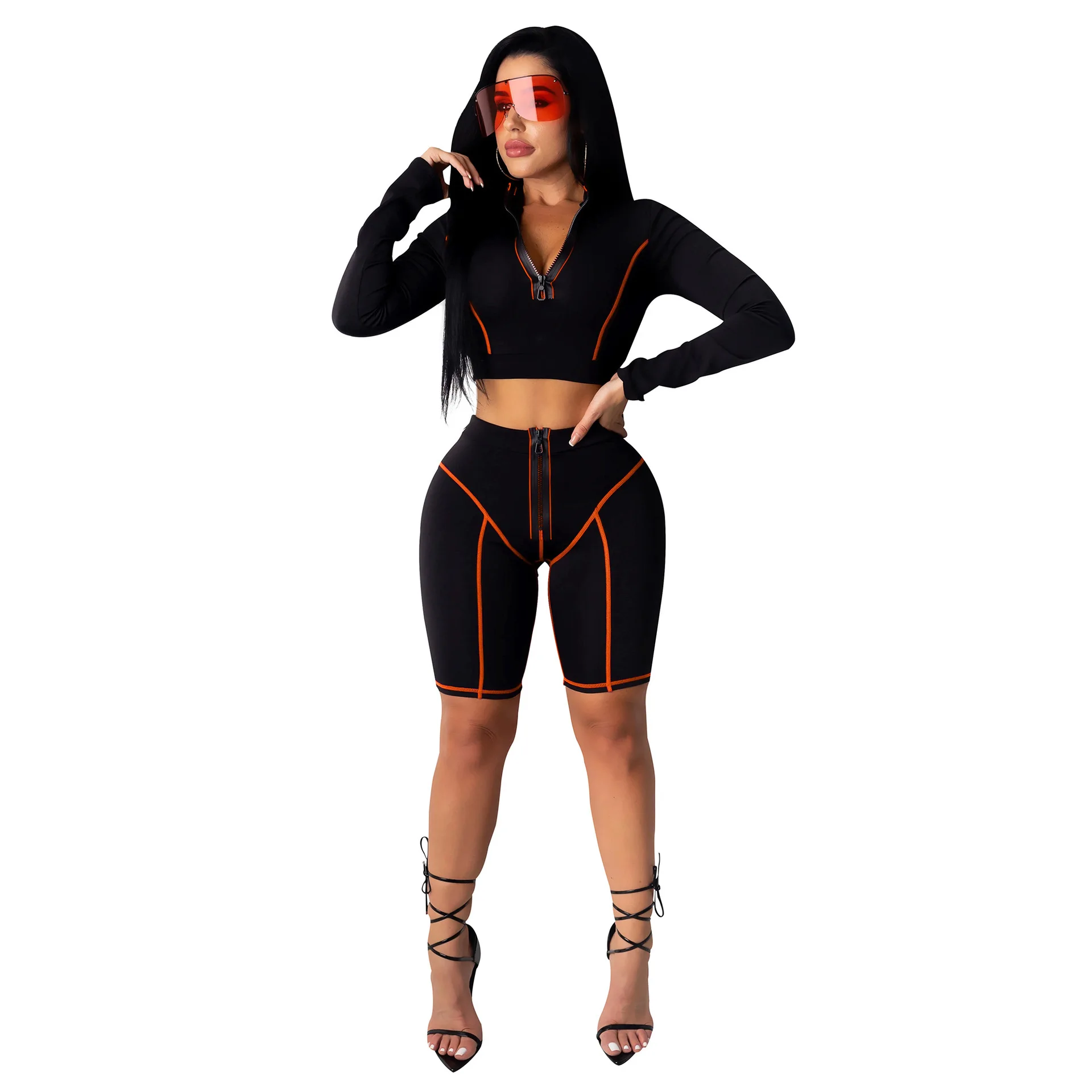 

Solid Color Patchwork V-Neck Long Sleeves Tops & Shorts Summer Women Suit European and American Fashion Casual Two Piece Set
