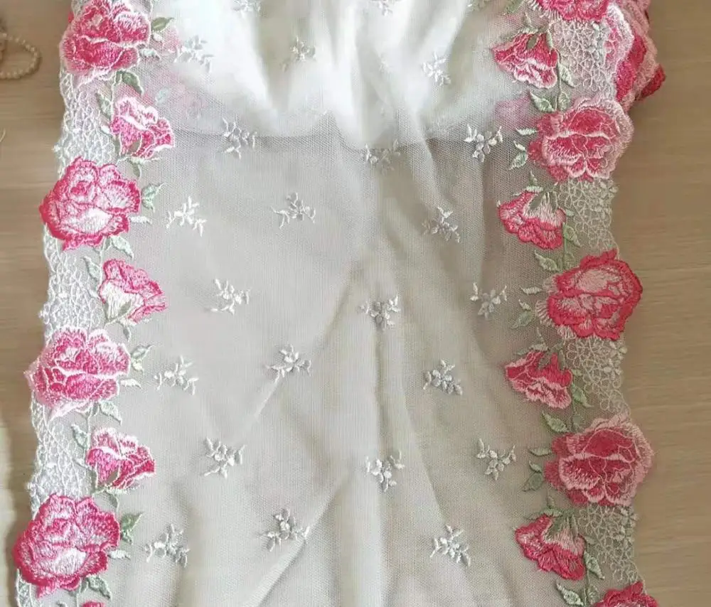 Великолепная Тюлевая кружевная отделка розовые розы Цветочная вышивка кружево 11