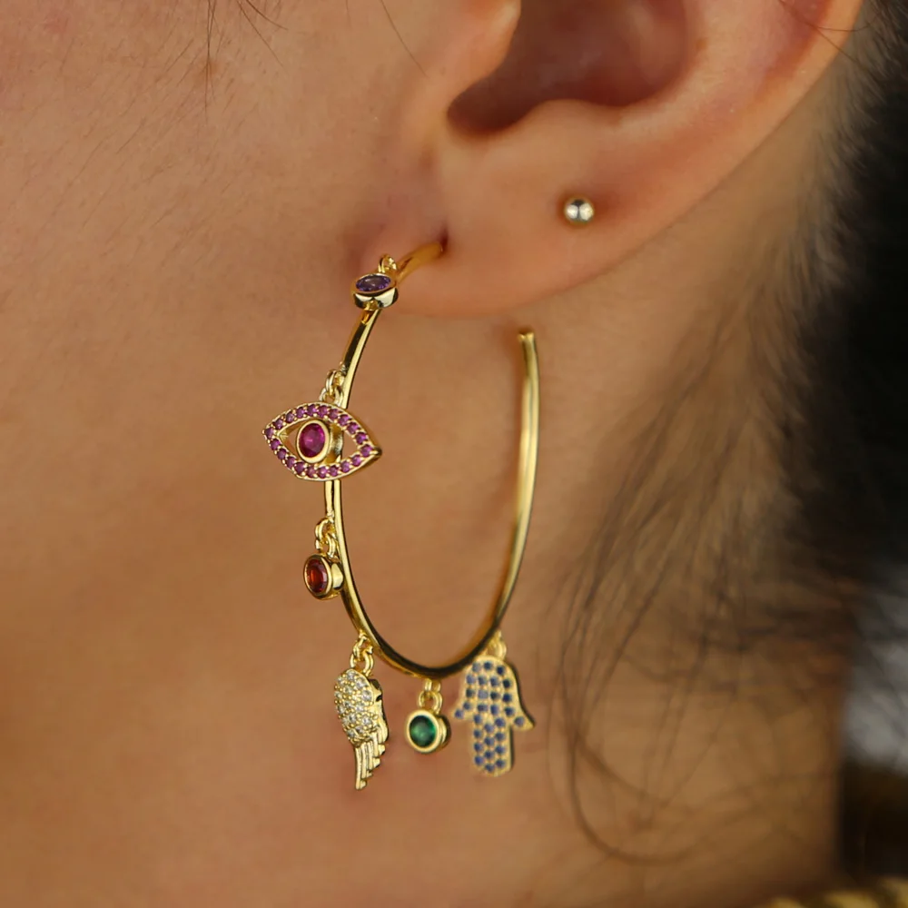 Evil eye wing fatima's hand Роскошные Потрясающие богемные европейские женские Серьги Красочный инкрустированный цирконами Подвески на удачу серьги-кольца