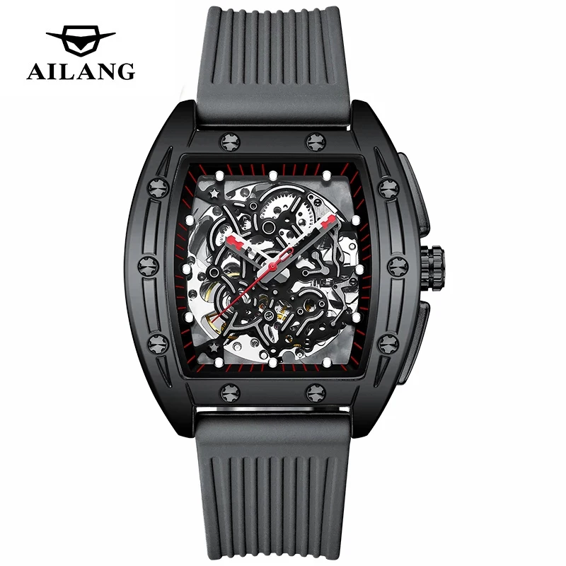 AILANG Top Brand Fashion Luxury Men's Square Automatic Mechanical Watches Silicone Strap Luminous Waterproof Hollow Watch 8616B