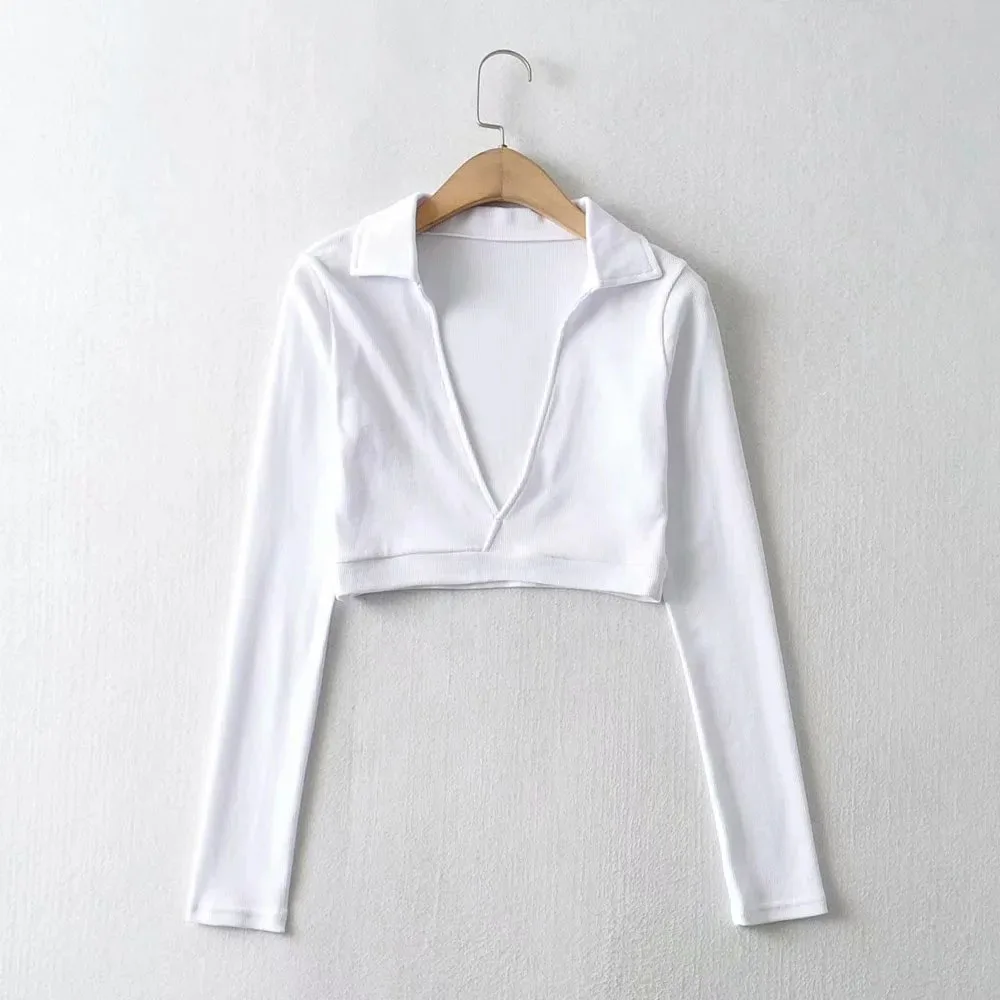 

Western Style T-Shirt Fashion Temperament Loose Casual Simple Designer Solid Color Navel Sexy Deep V-neck Long Sleeve