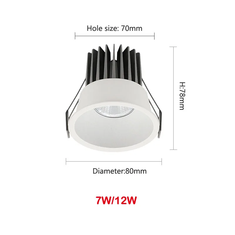 

Dimmable Recessed Anti Glare COB LED Downlights 7W 12W LED Ceiling Spot Lights AC85~265V Background Lamps Indoor Lighting