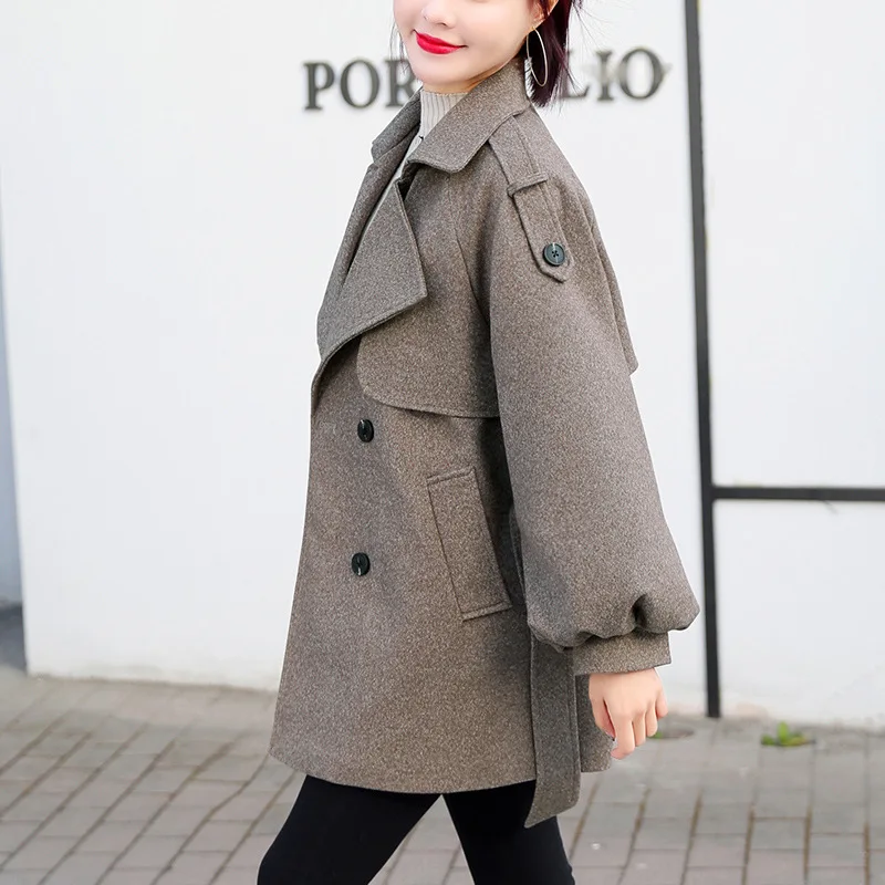 

Sleeve Lantern woolen coat women's 2020 winter new suit collar belt slim short fashion woolen coat