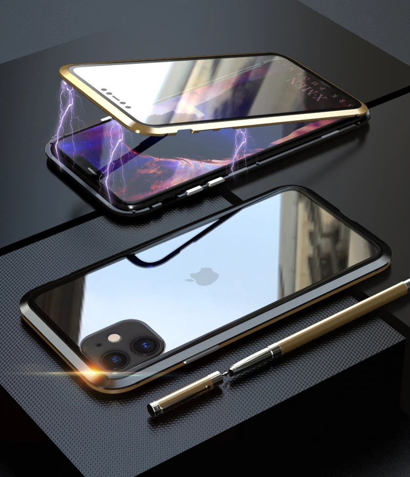 Магнитный металлический 360 чехол для iPhone 11 7 8 Plus X 10 XS Max прозрачный стеклянный чехол для iPhone11 Pro Чехол алюминиевый бампер