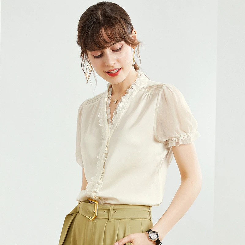 

100% Pure Silk Women's Runway Shirts Sexy V Neck Short Sleeves Ruffles Appliques Lace Fashion Elegant Blouse Summer Tops