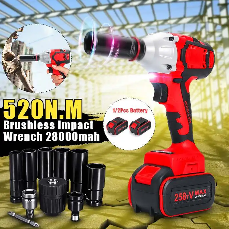

258TF 28000Amh 520N.M Electric Impact Wrench Brushless Cordless 1/2 inch Power Tools Li Battery Compatible Makita 18V Battery