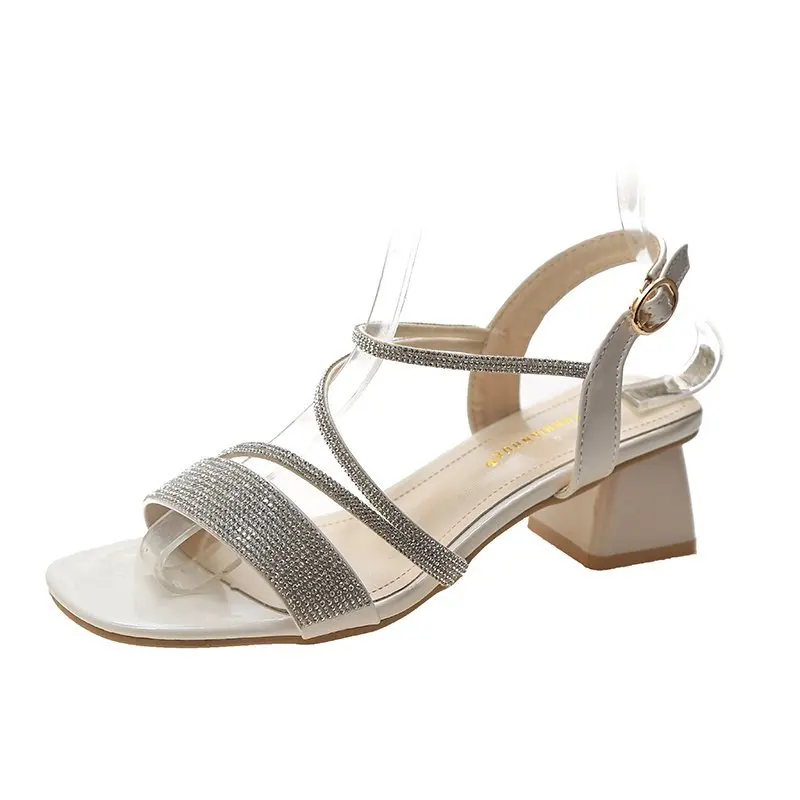 

Beige Heeled Sandals 2021 Summer All-Match Med Comfort Shoes for Women Buckle Strap Black Block Medium New Fashion Girls Clear