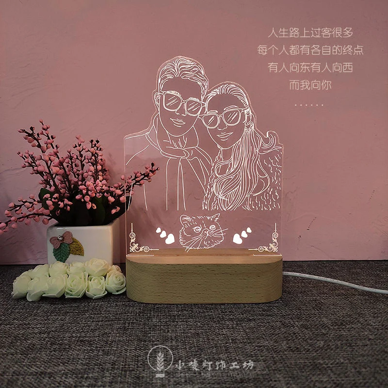 Ночсветильник 3D с текстом под заказ USB прикроватная лампа деревянной основой