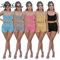 abhelenss summer clother for women two piece set casual solid spaghetti straps backless u neck top solid shorts matching suit