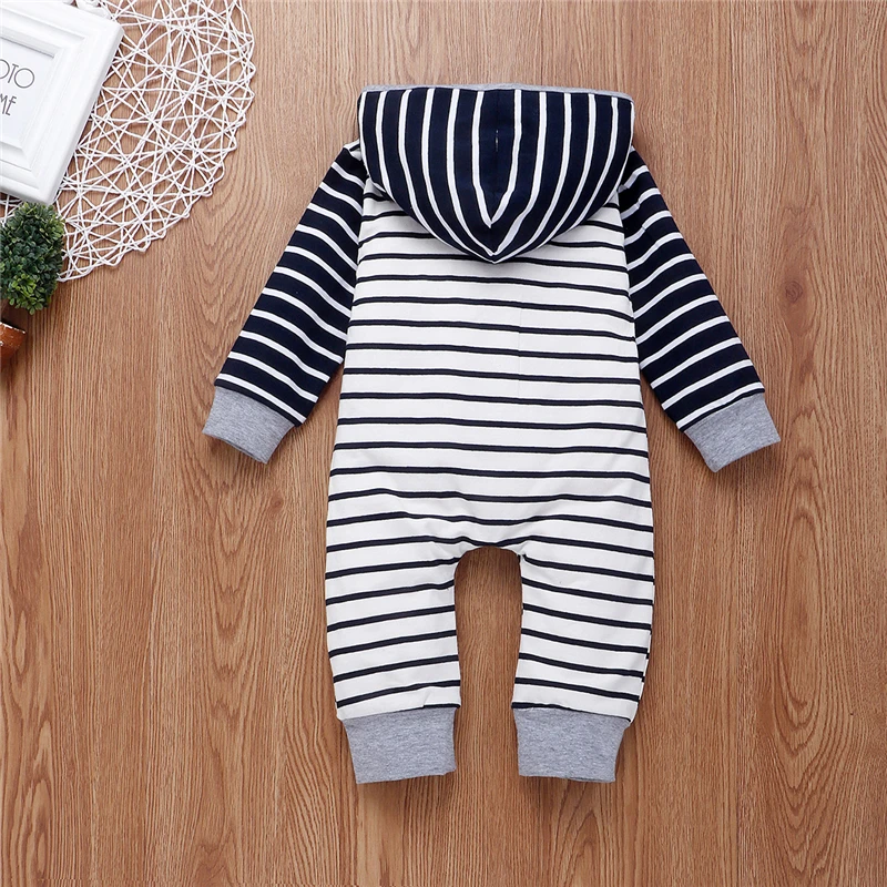 Baby Spring Autumn Clothing Toddler Kid Boys Striped Hooded Romper Jumpsuit Clothes Pocket Patchwork Outfits |