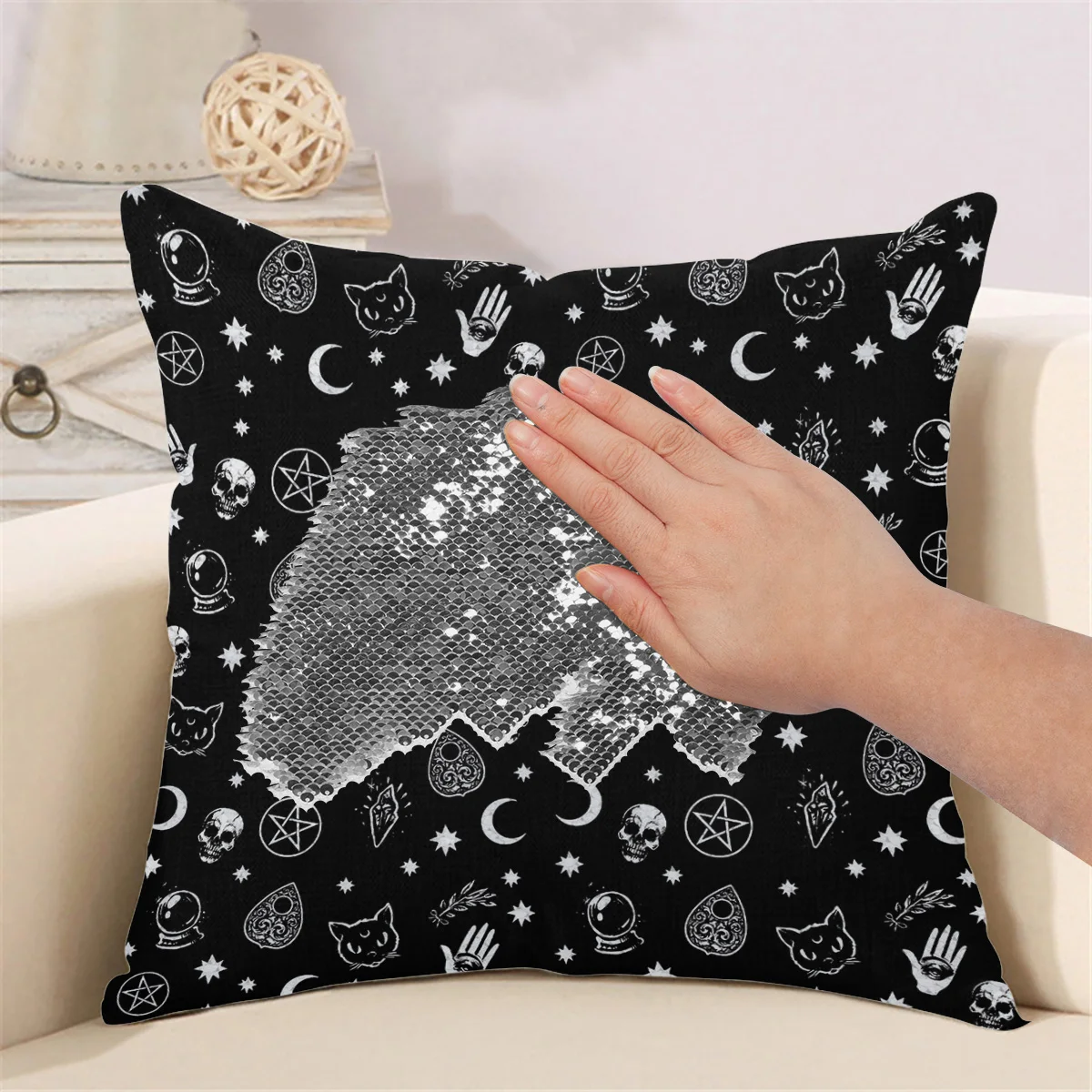 Серебряная Подушка с блестками чехол Хэллоуин черная ведьма череп печать для