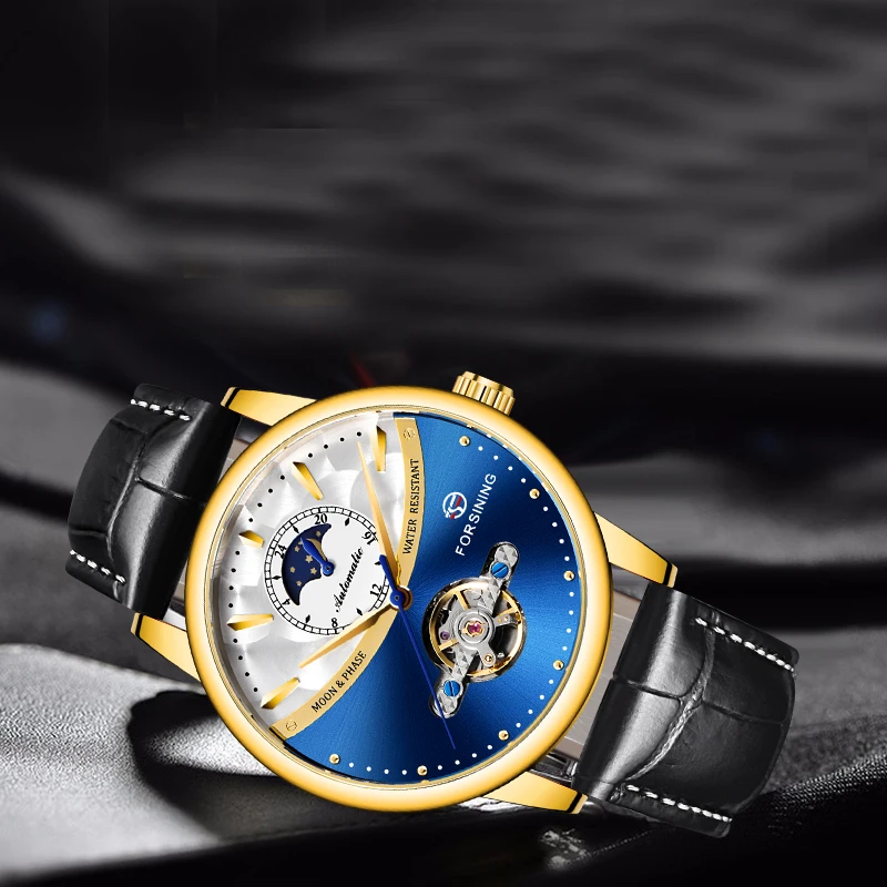 Forsining Tourbillon синие автоматические часы мужские классические Moonphase Дизайн Натуральная кожа Ремешок Водонепроницаемый Бизнес наручные часы подарок