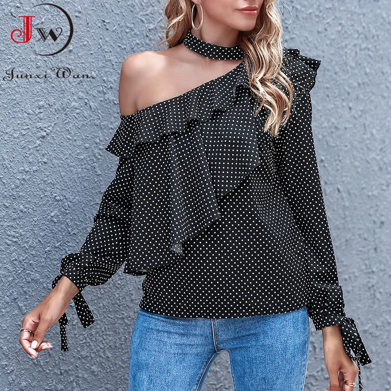

Sexy Fashion Women Polka Dot Blouses Black Off-Shoulder Long Sleeve Bow Ruffles Office Ladies Shirts Chic Tops