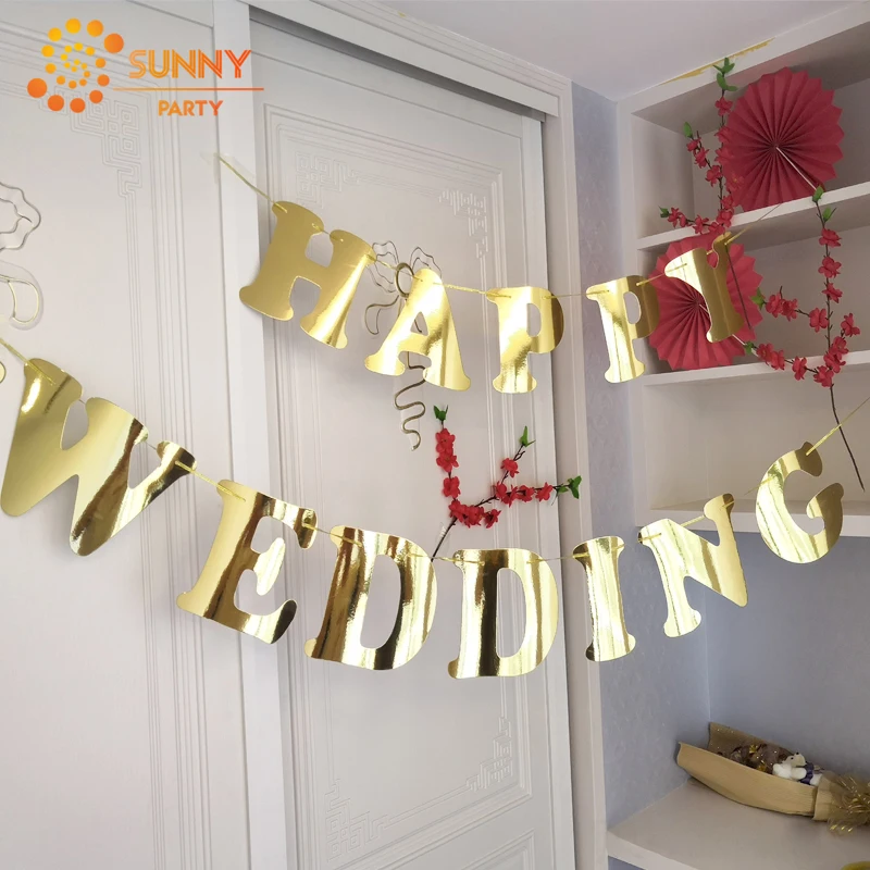 Блестящие золотые буквы Happy Wedding Висячие флажки баннеры вечерние украшения Вымпел овсянка гирлянда Свадебные товары для дня рождения
