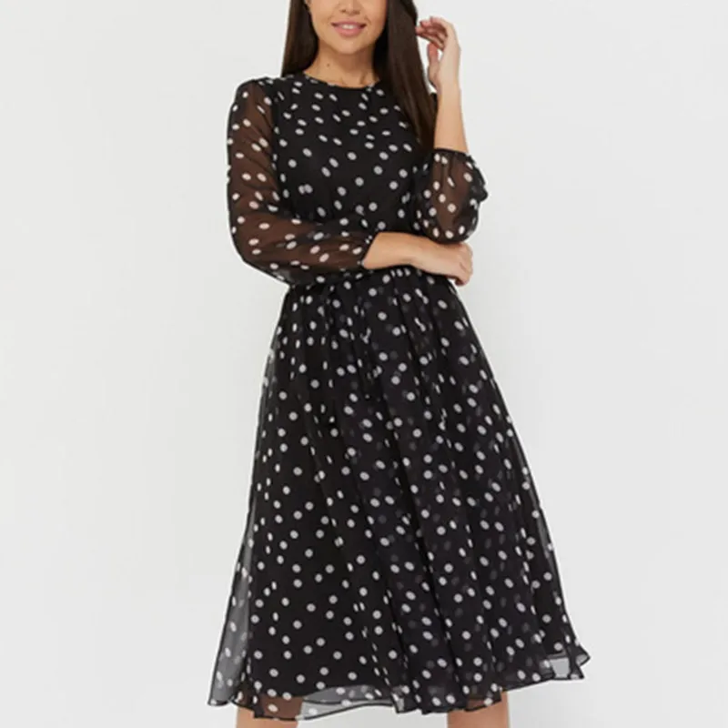

Elegant Dot Print Long Sleeve Spring Dress Casual O Neck Chiffon A Line Women Summer Dress Vintage Party