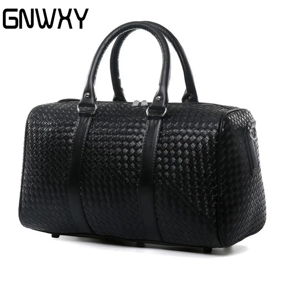 New Fashion Black Woven Travel Bag Large Capacity Casual Business Weekend Overnight Bags PU Leather Luggage Bag Dripshipping