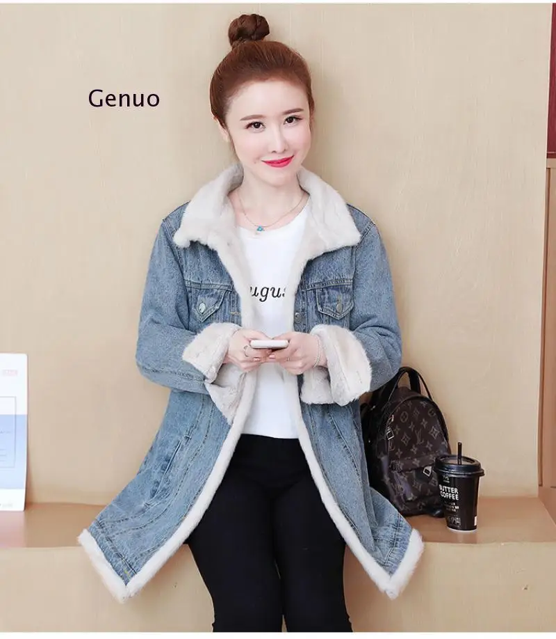 Новая зимняя куртка для женщин джинсовое пальто с поясом Меховая женская верхняя