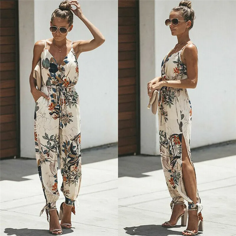 

Overalls Women Jumpsuit Floral Print Baggy Trousers Print Romper Off-the-Shoulder V-Neck Bodycon Skinny Clubwear Leotard